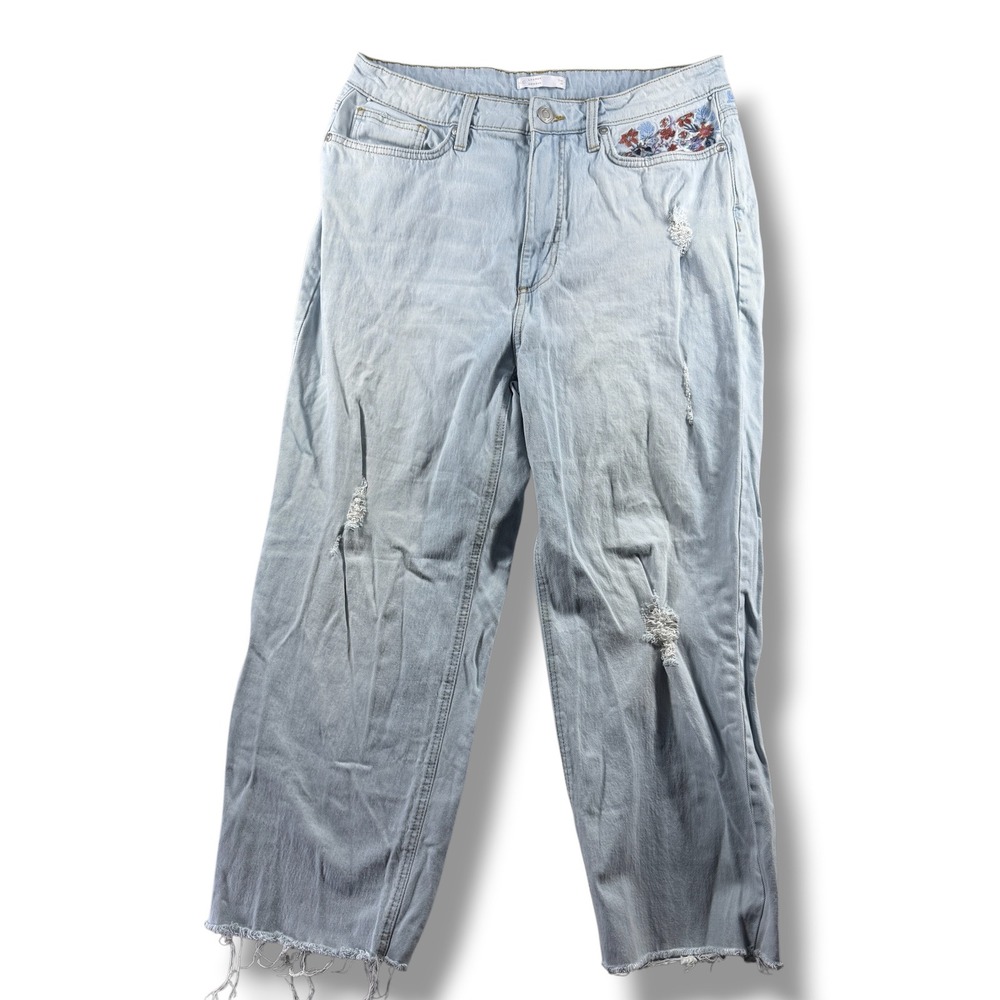 LC Lauren Conrad Womens 14 Light Wash Embroidered Distressed Crop Wide Leg Jeans